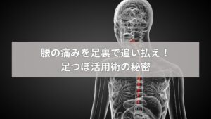 人体の食道部分が強調されたX線風の画像に、「腰の痛みを足裏で追い払え！足つぼ活用術の秘密」というテキストが表示されている。