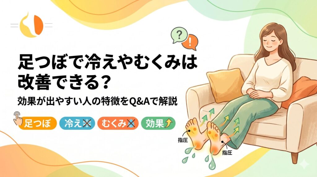 足つぼで冷えやむくみは改善できるのかをテーマに、ソファに座る女性と足裏の刺激イメージ、効果が出やすい人の特徴をQ&Aで解説するアイキャッチ画像