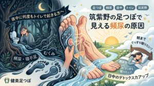 筑紫野の足つぼで夜中の頻尿やトイレで起きる原因を解説するアイキャッチ画像。むくみ、自律神経、睡眠不足と足裏の関係を表現している。