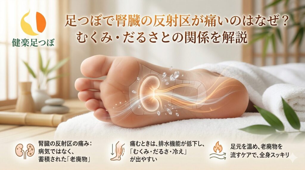 足つぼで腎臓の反射区が痛い理由と、老廃物の蓄積によるむくみ・だるさとの関係を解説する図解画像