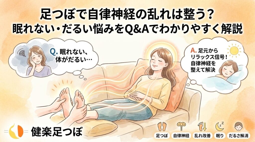 足つぼで自律神経の乱れ改善を目指す内容として、眠れない・体がだるい悩みを抱える女性と、足元からリラックス信号が伝わるイメージを描いたアイキャッチ画像