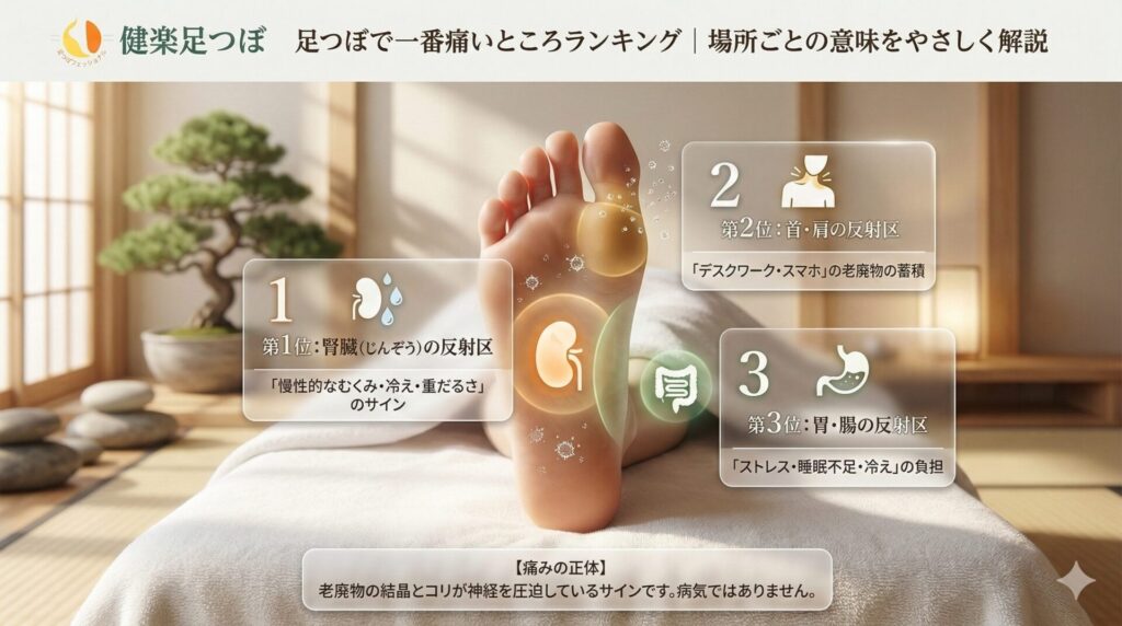 足つぼで一番痛いところランキングTOP3（腎臓・首肩・胃腸）と、各反射区が示す体のサイン（むくみ・疲労など）を分かりやすく解説した図解画像
