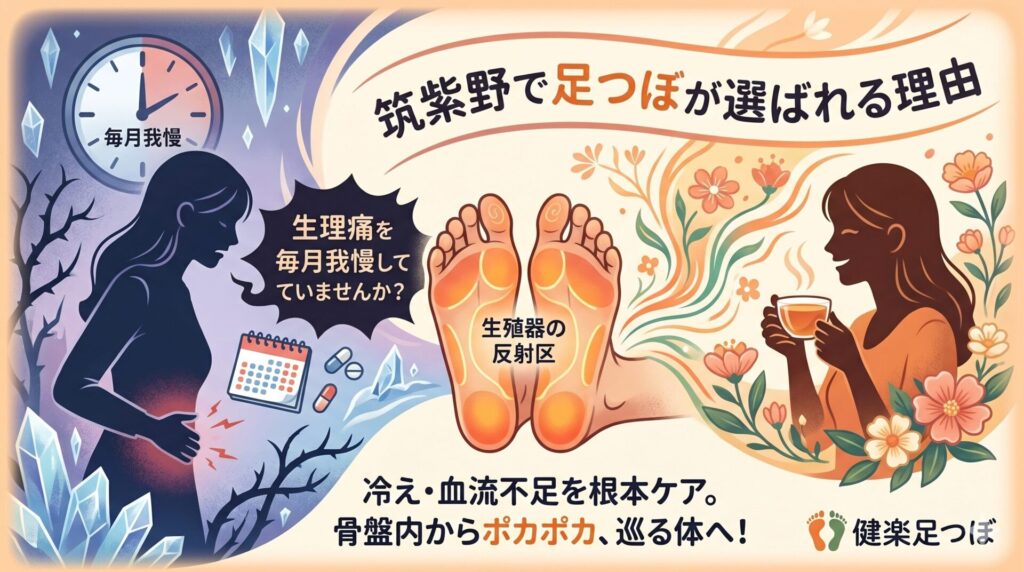 分割された日本語のイラストレーション。左側は、冷たい環境で生理痛を経験している女性。右側は、花と暖かい光に囲まれてお茶を飲んでいる笑顔の女性。中央には、筑紫野での緩和に向けた流れを示す、「生殖器の反射区」がオレンジ色で強調された足のつぼの図が描かれています。