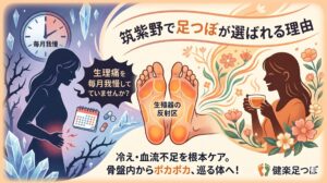 分割された日本語のイラストレーション。左側は、冷たい環境で生理痛を経験している女性。右側は、花と暖かい光に囲まれてお茶を飲んでいる笑顔の女性。中央には、筑紫野での緩和に向けた流れを示す、「生殖器の反射区」がオレンジ色で強調された足のつぼの図が描かれています。