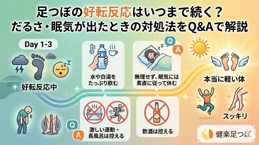 足つぼの好転反応はいつまで続くのかをテーマに、だるさや眠気が出る期間の目安、白湯や水分補給、休息、避けたい行動を図解したアイキャッチ画像