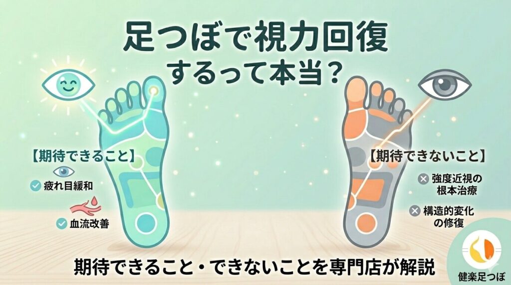 足つぼで視力回復は本当かを解説した図|期待できること(疲れ目緩和・血流改善)とできないこと(近視の根本改善不可)を示したイラスト