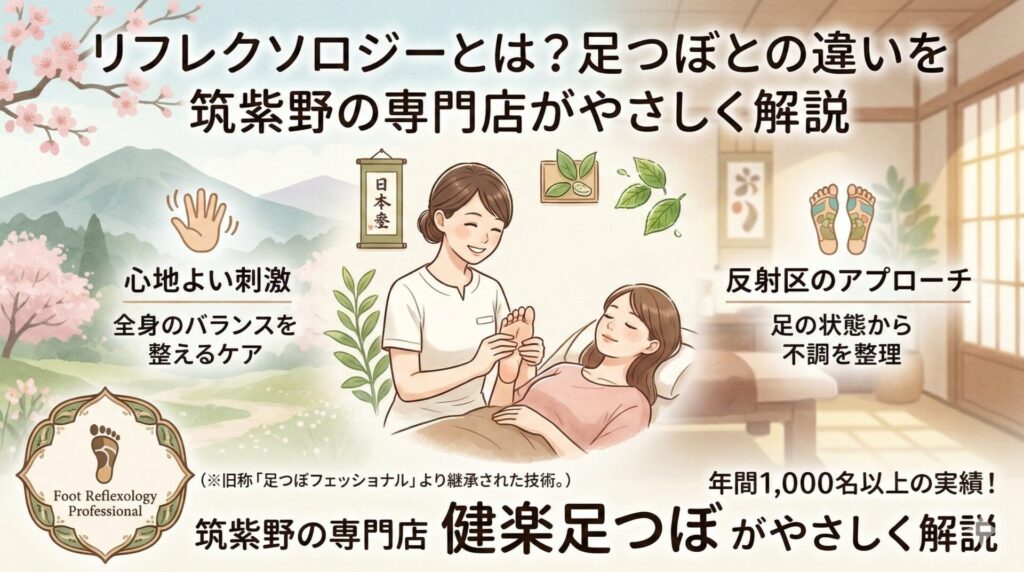筑紫野の専門店が、リフレクソロジーと足つぼの違いをやさしく解説しているアイキャッチ画像。施術風景と反射区・心地よい刺激・年間1,000名以上の実績を視覚的に表現。