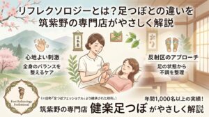 筑紫野の専門店が、リフレクソロジーと足つぼの違いをやさしく解説しているアイキャッチ画像。施術風景と反射区・心地よい刺激・年間1,000名以上の実績を視覚的に表現。
