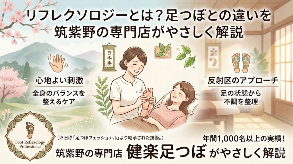 筑紫野の専門店が、リフレクソロジーと足つぼの違いをやさしく解説する記事アイキャッチ画像。和風の空間で足の施術を受ける女性と、心地よい刺激・反射区へのアプローチ・年間1,000名以上の実績を紹介している。