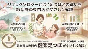 筑紫野の専門店が、リフレクソロジーと足つぼの違いをやさしく解説する記事アイキャッチ画像。和風の空間で足の施術を受ける女性と、心地よい刺激・反射区へのアプローチ・年間1,000名以上の実績を紹介している。