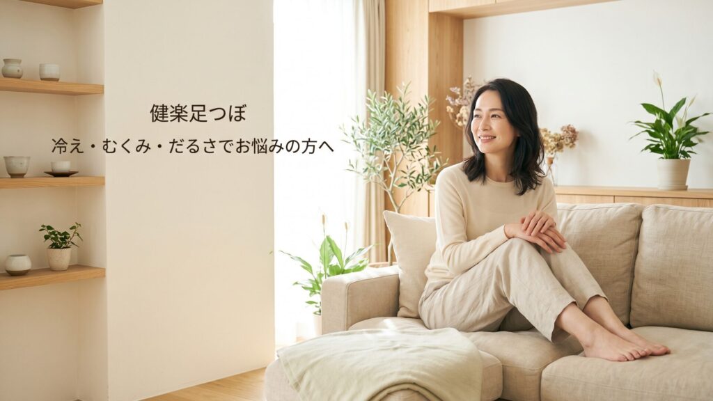 リラックスした女性がソファに座っているイメージ（冷え・むくみ・だるさでお悩みの方へ）