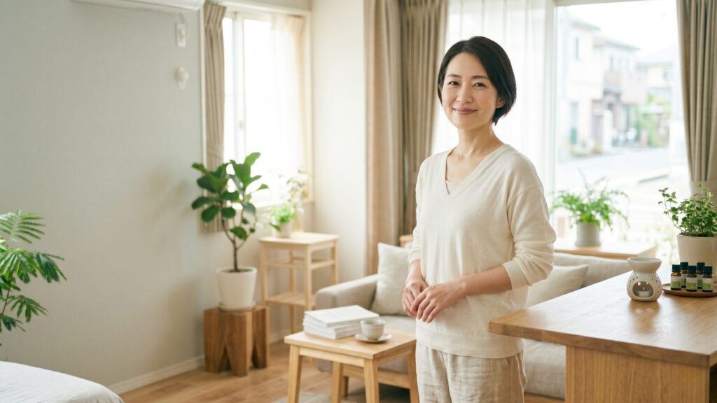 やさしい表情の女性がサロンに立つイメージ（初めての方へ）