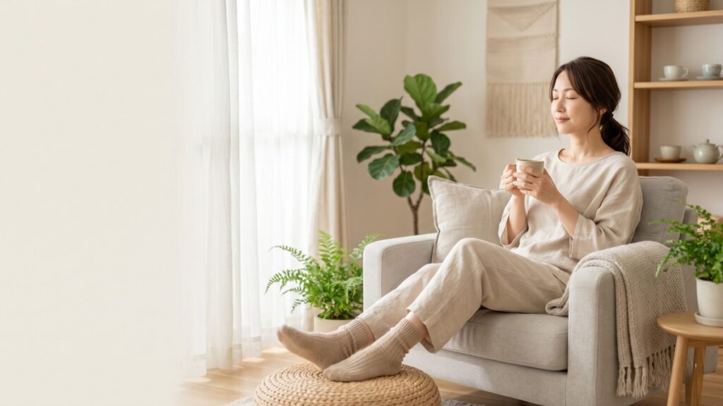 温かい飲み物を持ちながら穏やかに過ごす女性のイメージ（女性特有のお悩みでお困りの方へ）