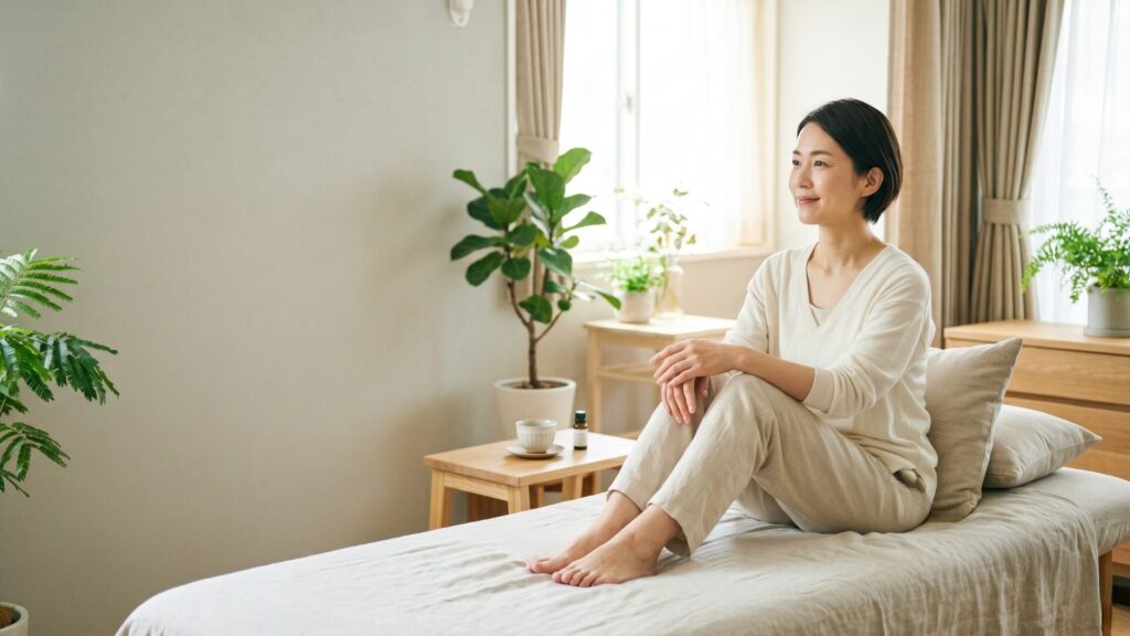 ベッドの上でくつろぐ女性のイメージ（通う頻度・改善目安）