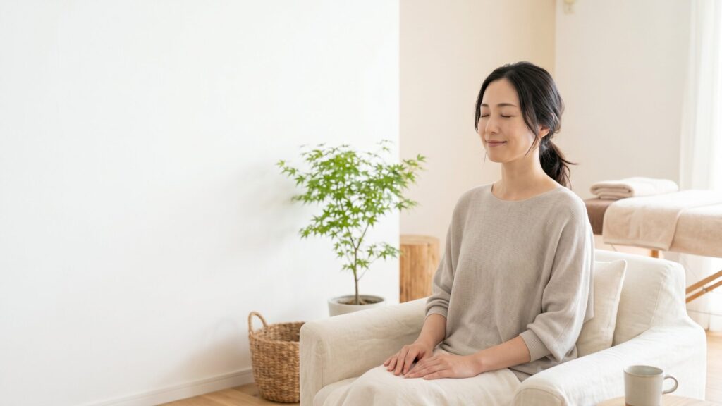 目を閉じて穏やかに座る女性のイメージ（頭痛・不眠・自律神経の乱れでお悩みの方へ）
