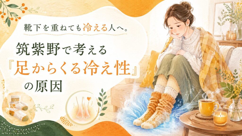 靴下を重ねても冷える女性の足元を描いた、筑紫野で足からくる冷え性の原因を伝えるアイキャッチ画像