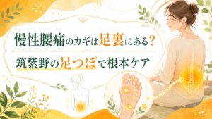足つぼ 腰痛に効く 筑紫野｜足裏から慢性腰痛の根本ケアをイメージした健楽足つぼのアイキャッチ画像
