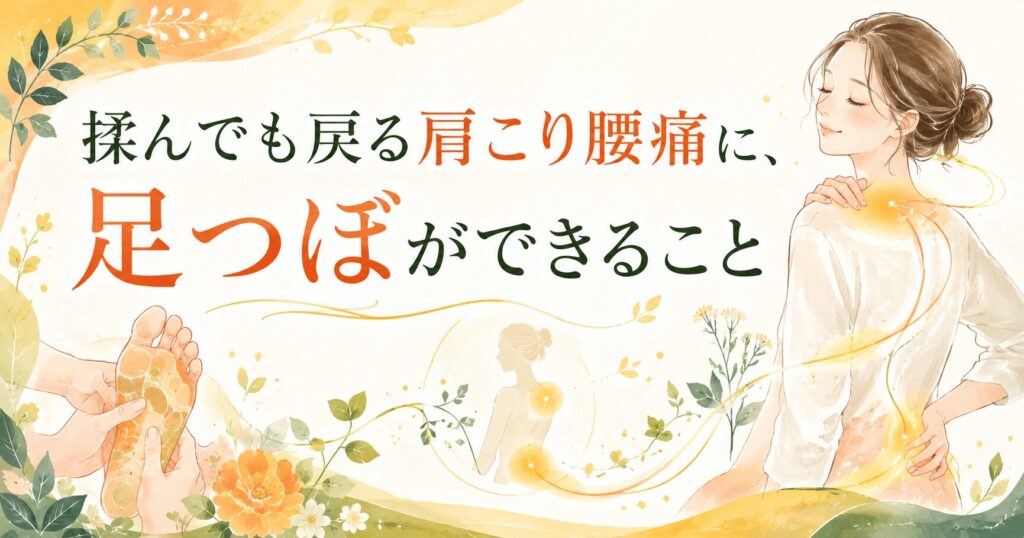 足つぼで肩こりや腰痛の根本ケアをイメージした、筑紫野の健楽足つぼのやさしいアイキャッチ画像