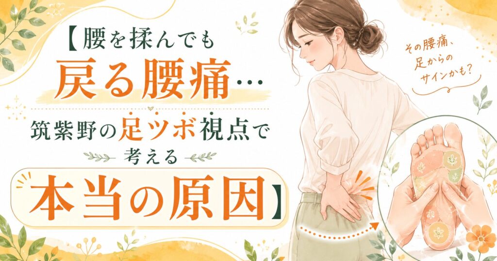 足ツボ 腰痛 筑紫野|腰を揉んでも戻る腰痛の原因を足元から考える健楽足つぼのアイキャッチ画像