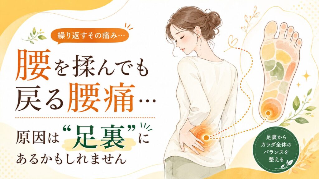 腰を揉んでも戻る腰痛の原因が足裏にある可能性を伝える、筑紫野の足ツボ腰痛改善向けアイキャッチ画像