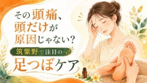 筑紫野で注目の足つぼケアを紹介する、頭痛に悩む女性と足つぼ施術を描いた優しい雰囲気のアイキャッチ画像