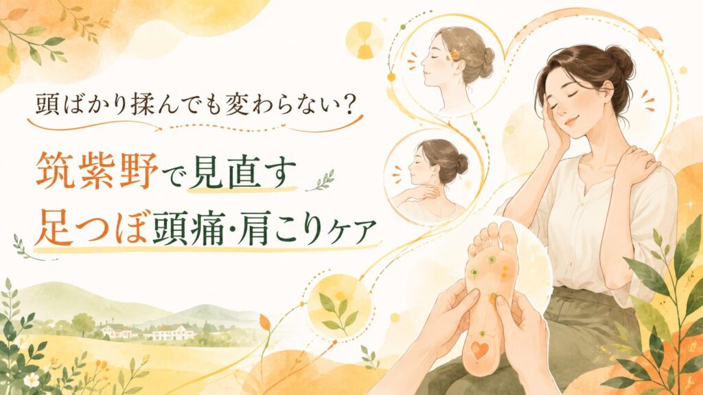 頭痛や肩こりに悩む女性と足つぼケアを描いた、筑紫野の健楽足つぼのアイキャッチ画像