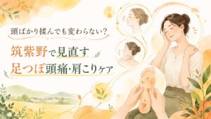 頭痛や肩こりに悩む女性と足つぼケアを描いた、筑紫野の健楽足つぼのアイキャッチ画像