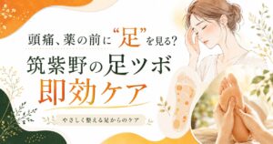 頭痛に悩む女性と足ツボケアを描いた、筑紫野の足ツボ即効ケアを紹介するアイキャッチ画像