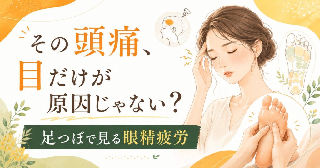 眼精疲労や頭痛に悩む女性と足つぼケアを描いた、福岡の健楽足つぼブログ用アイキャッチ画像