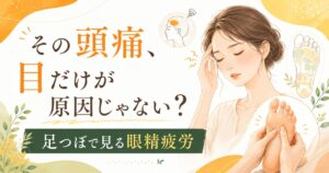 眼精疲労や頭痛に悩む女性と足つぼケアを描いた、福岡の健楽足つぼブログ用アイキャッチ画像