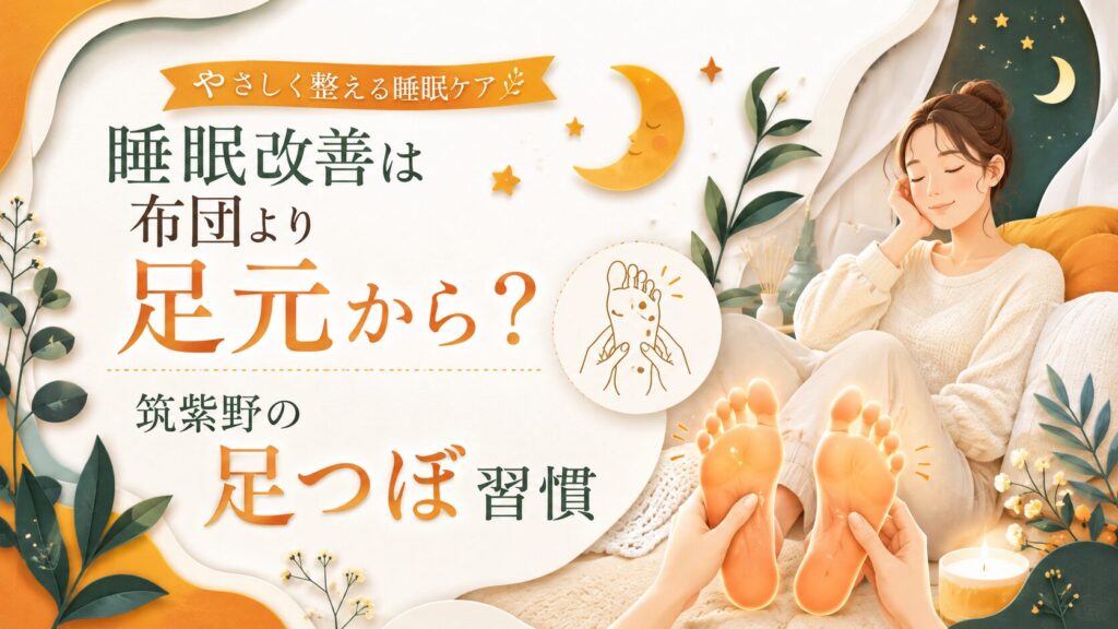 筑紫野で足つぼ習慣による睡眠改善を伝える、女性が足元を温めながらリラックスする優しいアイキャッチ画像