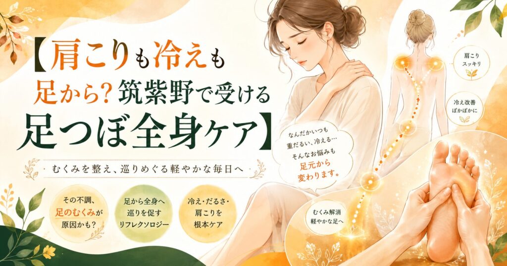 筑紫野で受ける足つぼ全身ケアを表現したアイキャッチ画像。肩こりや冷え、むくみなどの不調が足元から関係する可能性をやさしく伝えるイラスト。