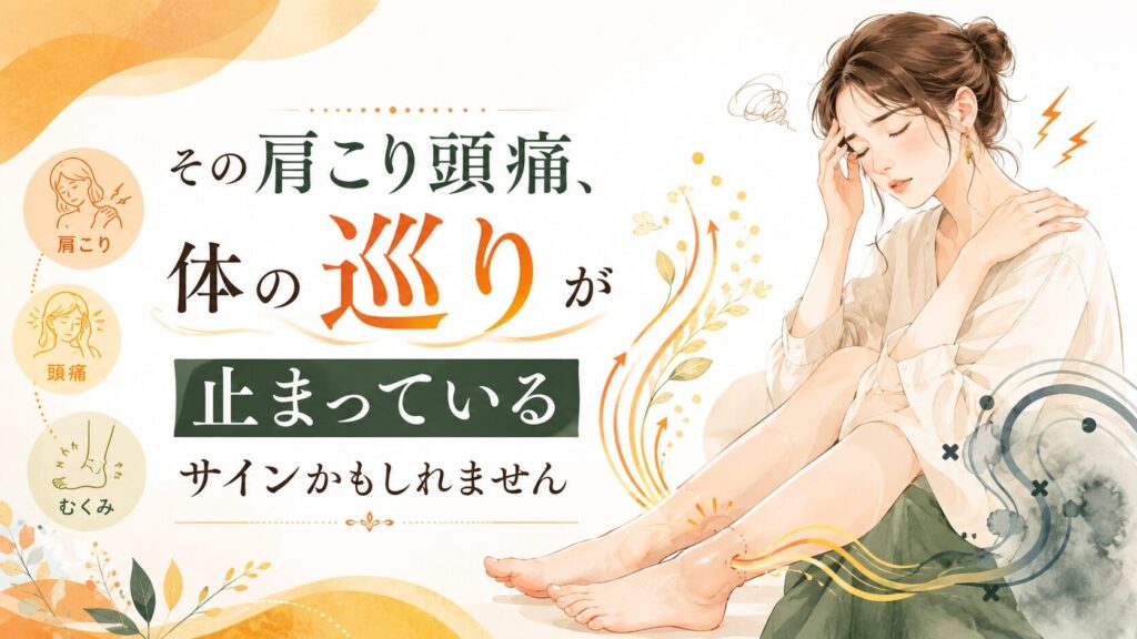 肩こりや頭痛、むくみに悩む女性と体の巡りを表現した筑紫野の足ツボ記事アイキャッチ画像
