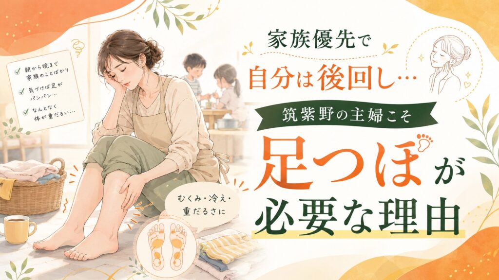 筑紫野で家族優先の日々を送る主婦に向けて、むくみや冷え、足の重だるさと足つぼケアの必要性を伝えるアイキャッチ画像