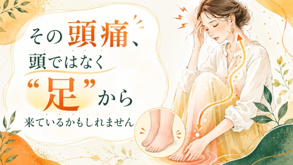 頭痛に悩む女性と足のむくみを描いた、福岡で足ツボによる不調ケアを伝えるアイキャッチ画像