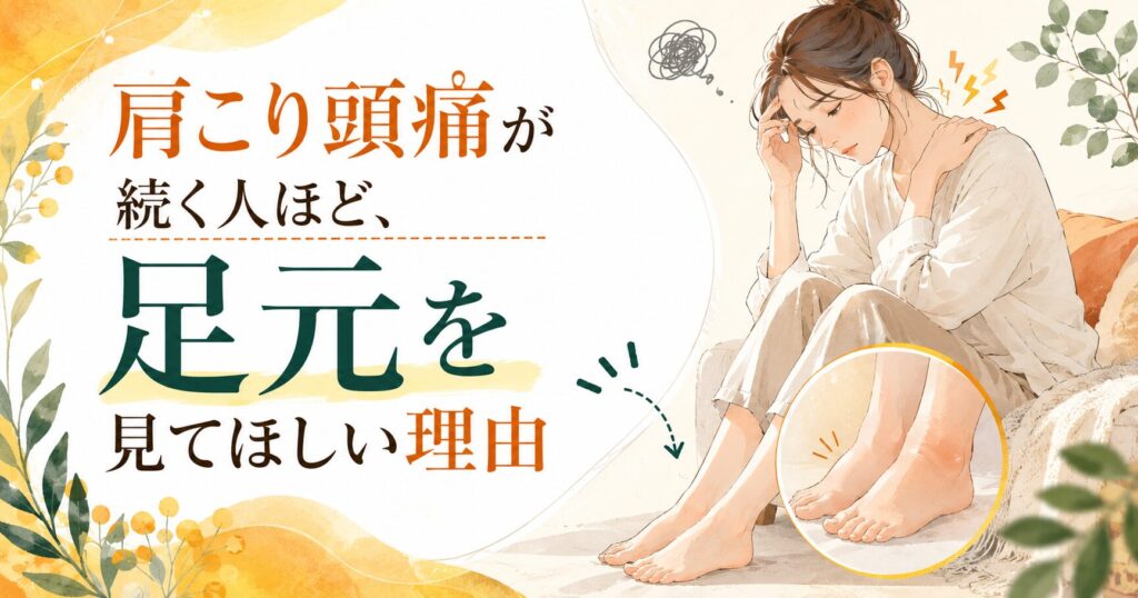 肩こりや頭痛に悩む女性が足元に目を向ける様子を描いた、福岡で足ツボによる不調改善を伝えるアイキャッチ画像
