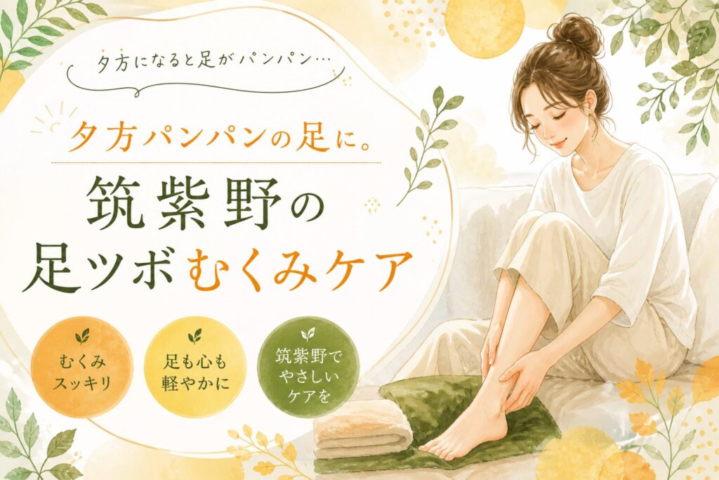 夕方の足のむくみに悩む女性へ。筑紫野の足ツボ専門店による、足の重だるさやむくみケアをイメージした優しいイラスト