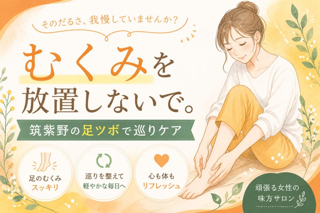 筑紫野でむくみ改善をサポートする足つぼケアのイメージイラスト。女性向けの優しく温かいデザイン