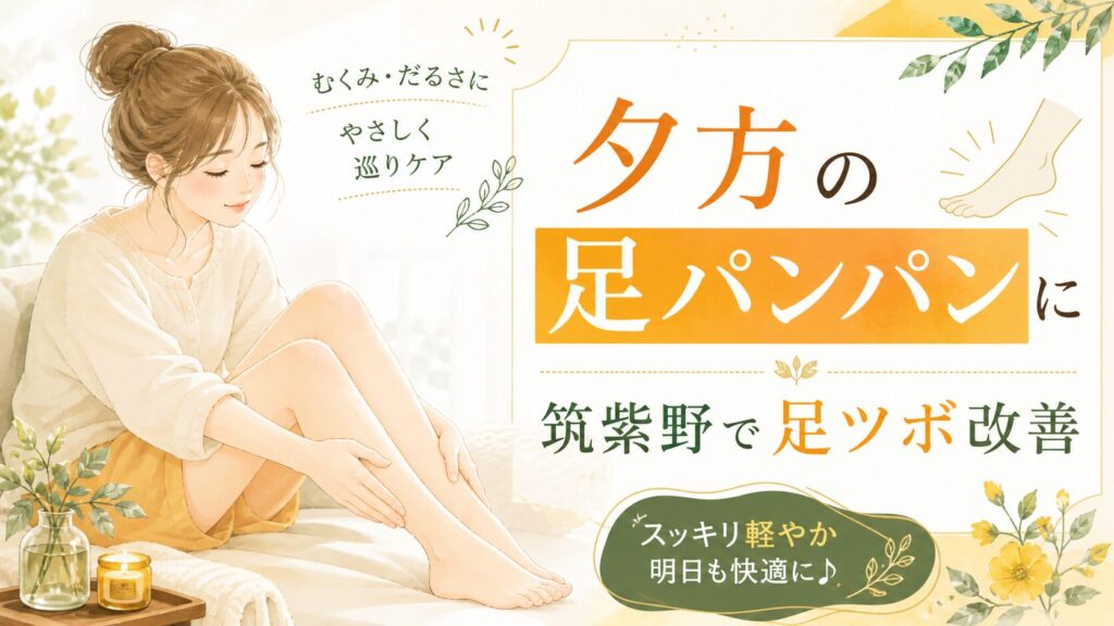 夕方になると足がパンパンにむくむ女性へ、筑紫野で足ツボによる巡りケアとむくみ改善を伝える優しい雰囲気のアイキャッチ画像
