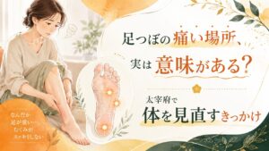 足つぼの痛い場所に悩む女性と足裏の反射区を描いた、太宰府で体を見直すきっかけを伝えるアイキャッチ画像