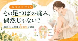 足つぼの痛む場所ごとの意味を筑紫野で解説する記事のアイキャッチ画像。むくみに悩む女性と足裏の反射区イラスト
