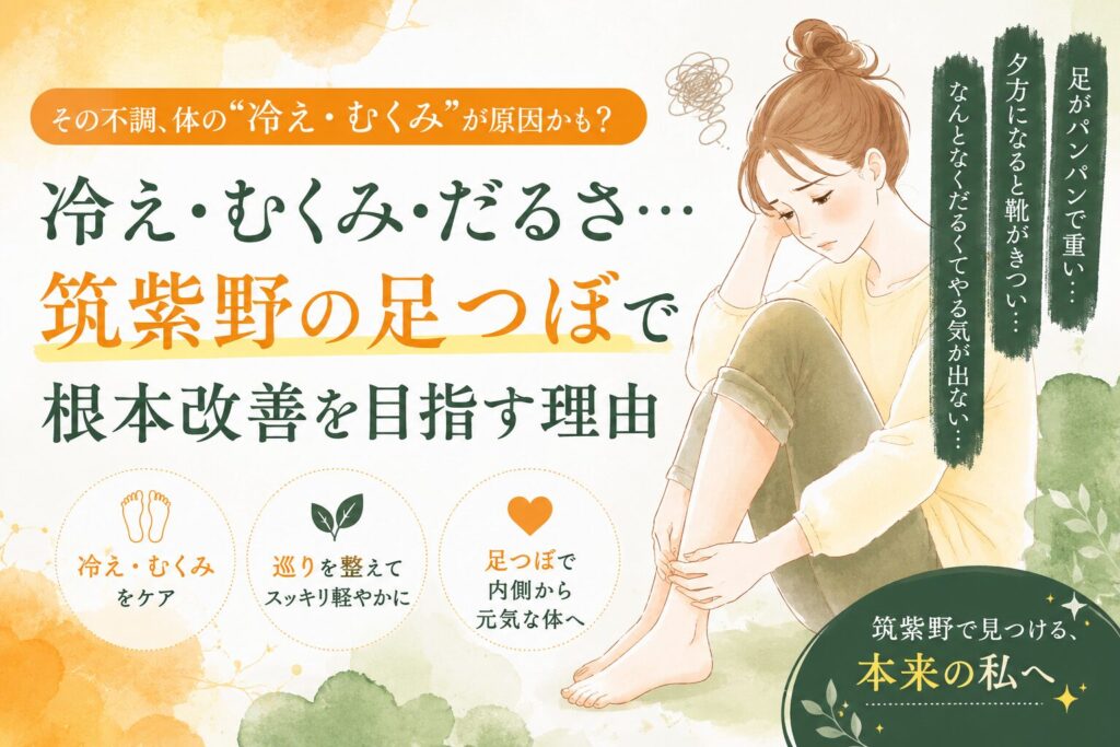 筑紫野の足つぼで冷え・むくみ・だるさの根本改善を目指す理由を伝える女性向けアイキャッチ画像