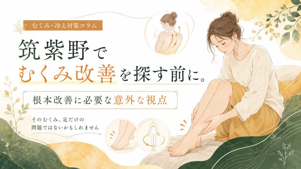筑紫野でむくみの根本改善を探す女性に向けた、足のむくみと全身の巡りをやさしく表現したアイキャッチ画像