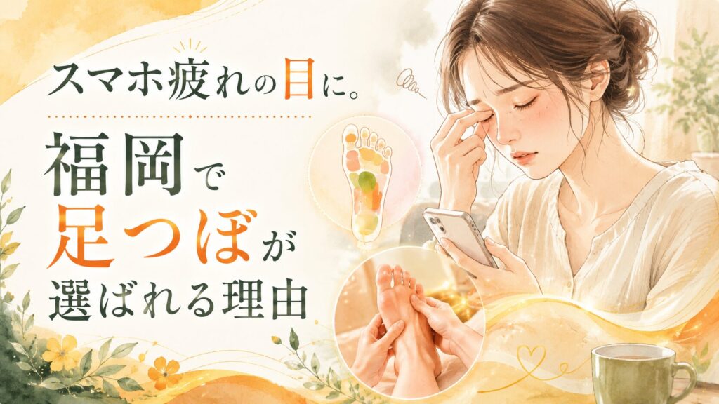スマホによる眼精疲労に悩む女性と足つぼ施術を描いた、福岡で足つぼが選ばれる理由を伝えるアイキャッチ画像