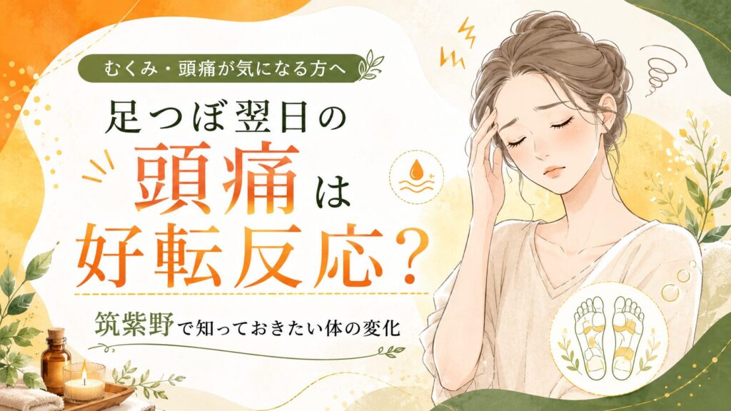 足つぼ翌日の頭痛や好転反応が気になる方向けに、筑紫野で知っておきたい体の変化をやさしく伝えるアイキャッチ画像