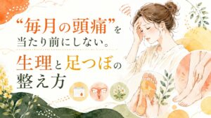 生理中の毎月の頭痛に悩む女性と足つぼケアを描いた、筑紫野の健楽足つぼ向けアイキャッチ画像