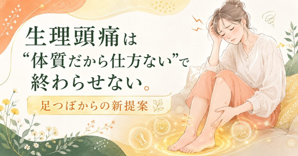 生理による頭痛や足のむくみに悩む女性へ、筑紫野の健楽足つぼが足つぼから体の巡りを整える新しいケアを提案するアイキャッチ画像