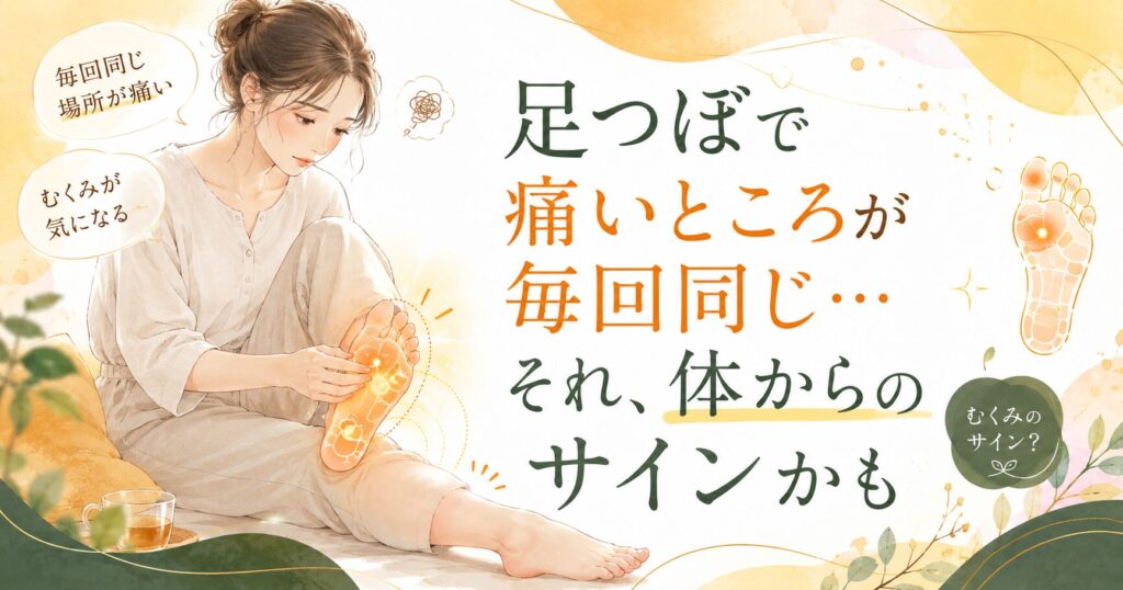 足つぼで毎回同じところが痛い女性が、むくみや体からのサインに気づく様子を描いた筑紫野の健楽足つぼ記事用アイキャッチ画像