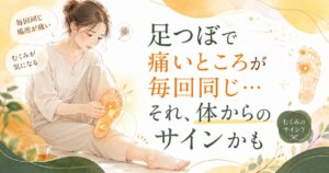 足つぼで毎回同じところが痛い女性が、むくみや体からのサインに気づく様子を描いた筑紫野の健楽足つぼ記事用アイキャッチ画像