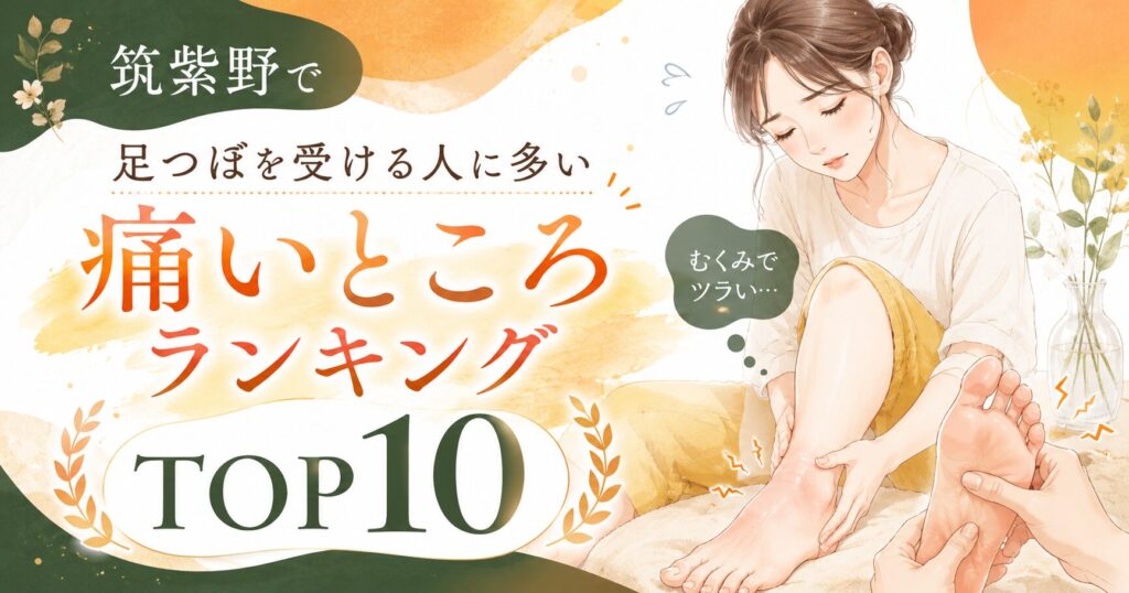 筑紫野で足つぼを受ける人に多い痛いところランキングTOP10を紹介するアイキャッチ画像。むくみや足の痛みに悩む女性と足つぼ施術のイラスト。